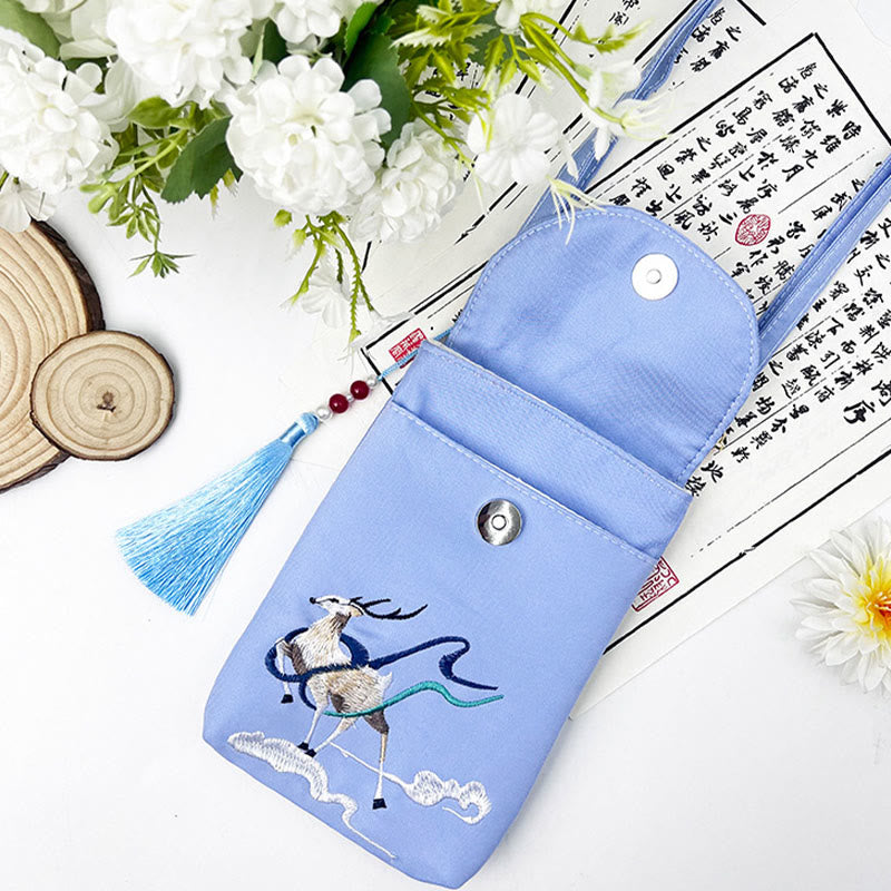 Borsa a tracolla con piccoli fiori ricamati Buddha Stones, borsa a tracolla, borsa per cellulare a doppio strato