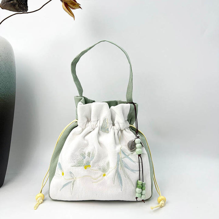 Borsa a tracolla in cotone e lino con Buddha Stones , farfalla ricamata, loto, magnolia, borsa a tracolla