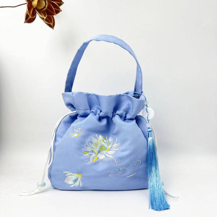 Borsa a tracolla in cotone e lino con Buddha Stones ricamate, motivo: loto, pesce Koi, gru, camelia, borsa a tracolla