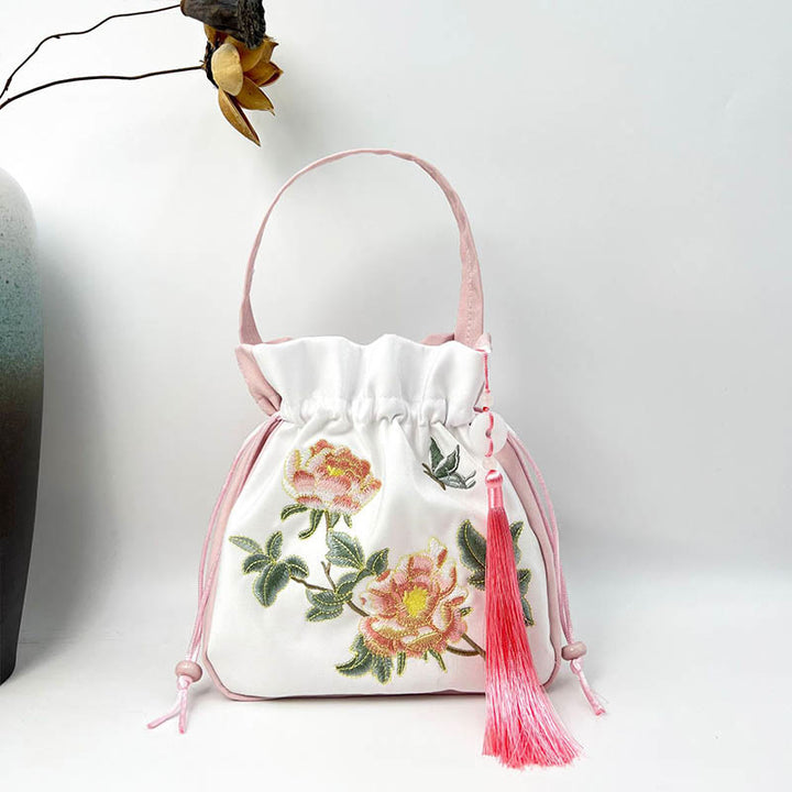 Borsa a tracolla in cotone e lino con ricamo a forma di Buddha Stones, osmanto, peonia, uva, gatto, borsa a tracolla