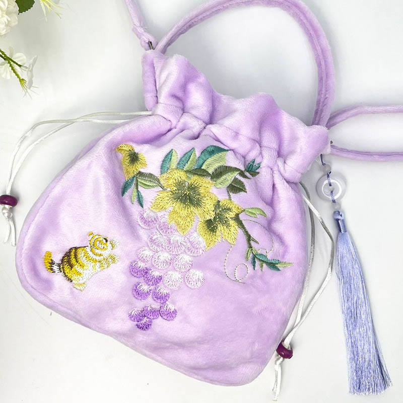 Borsa a tracolla in cotone e lino con ricamo a forma di Buddha Stones, osmanto, peonia, uva, gatto, borsa a tracolla