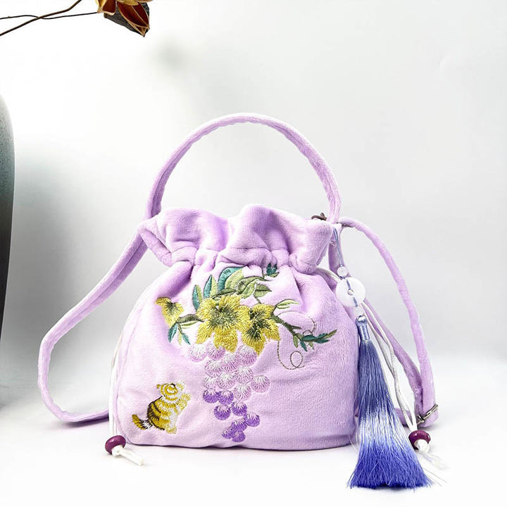 Borsa a tracolla in cotone e lino con ricamo a forma di Buddha Stones, osmanto, peonia, uva, gatto, borsa a tracolla