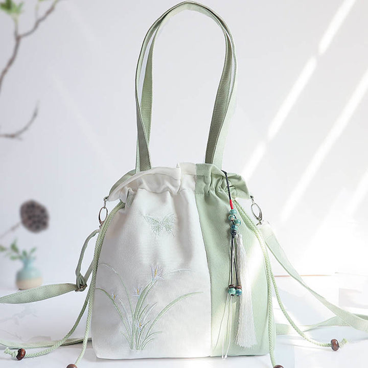 Borsa a tracolla in tela Buddha Stones, fiori di erba ricamati, fiori di ciliegio, borsa a tracolla