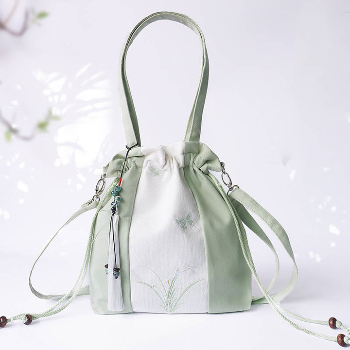 Borsa a tracolla in tela Buddha Stones, fiori di erba ricamati, fiori di ciliegio, borsa a tracolla