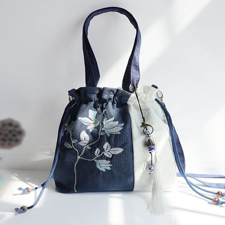 Borsa a tracolla in tela Buddha Stones, fiori di erba ricamati, fiori di ciliegio, borsa a tracolla - Fiore bianco blu 28*30cm - image 8