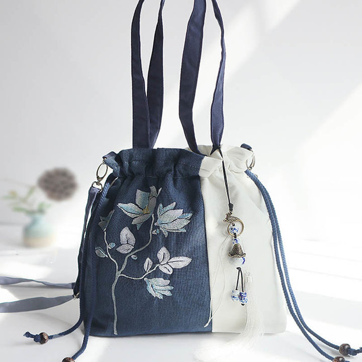 Borsa a tracolla in tela Buddha Stones, fiori di erba ricamati, fiori di ciliegio, borsa a tracolla