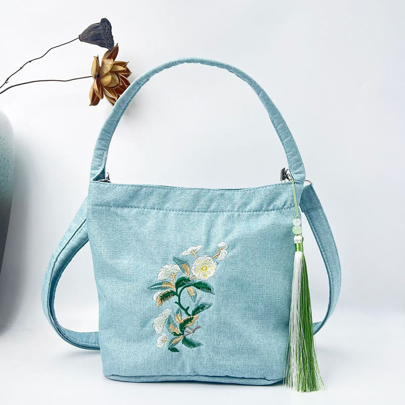 Buddha Stones Ricamo Glicine Prugna Loto Ciliegio Fiore Cotone Lino Tela Tote Borsa A Tracolla Borsa A Mano