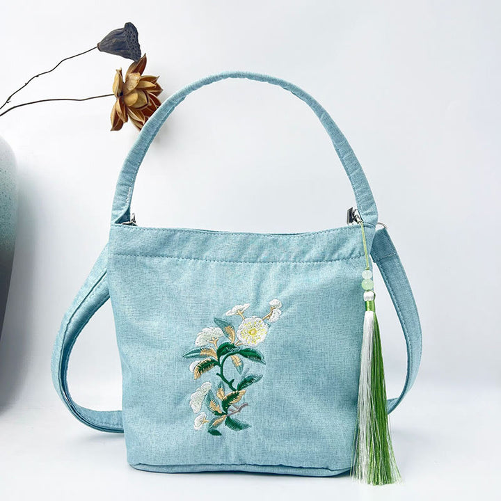 Buddha Stones Ricamo Glicine Prugna Loto Ciliegio Fiore Cotone Lino Tela Tote Borsa A Tracolla Borsa A Mano