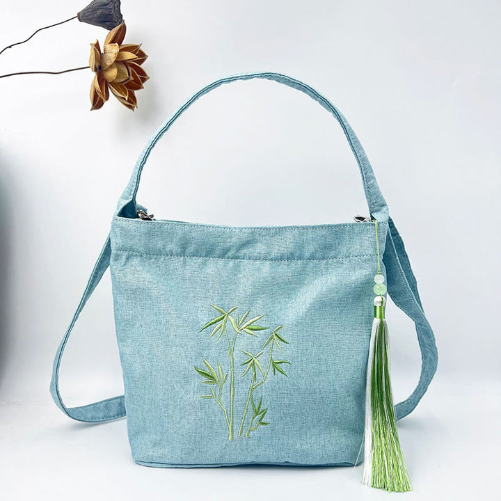 Buddha Stones Ricamo Glicine Prugna Loto Ciliegio Fiore Cotone Lino Tela Tote Borsa A Tracolla Borsa A Mano