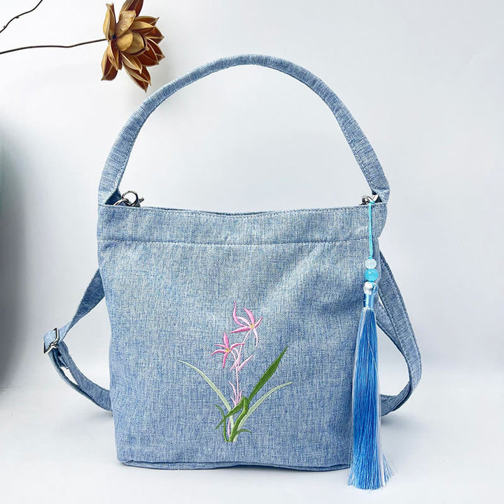 Buddha Stones Ricamo Glicine Prugna Loto Ciliegio Fiore Cotone Lino Tela Tote Borsa A Tracolla Borsa A Mano