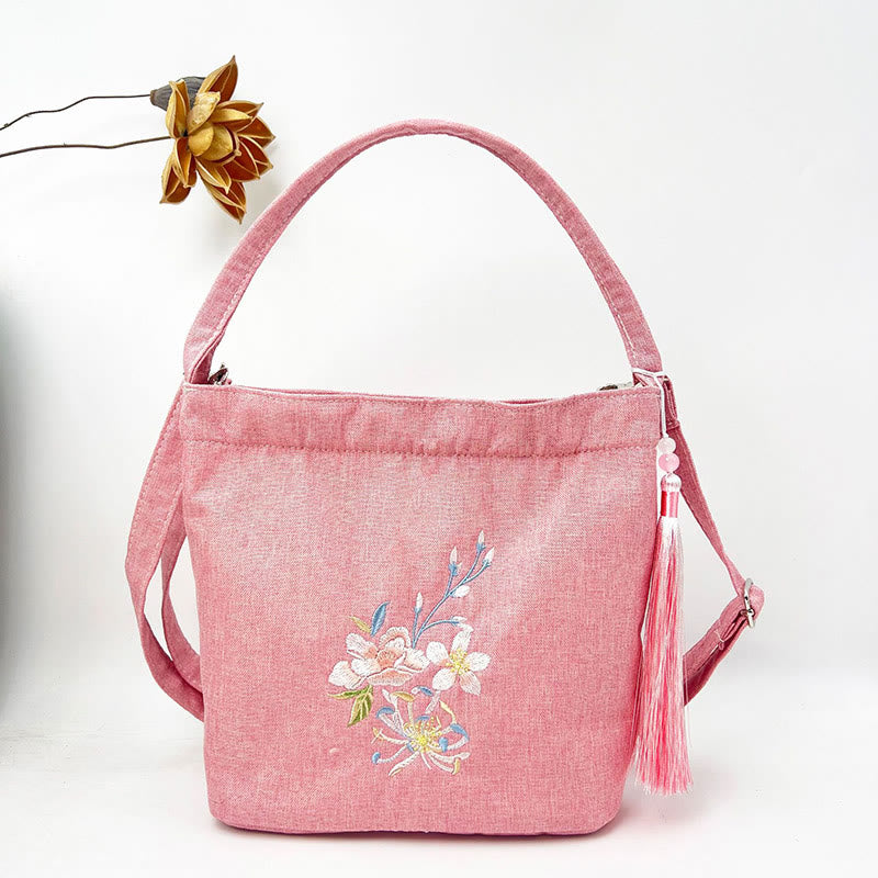 Buddha Stones Ricamo Glicine Prugna Loto Ciliegio Fiore Cotone Lino Tela Tote Borsa A Tracolla Borsa A Mano
