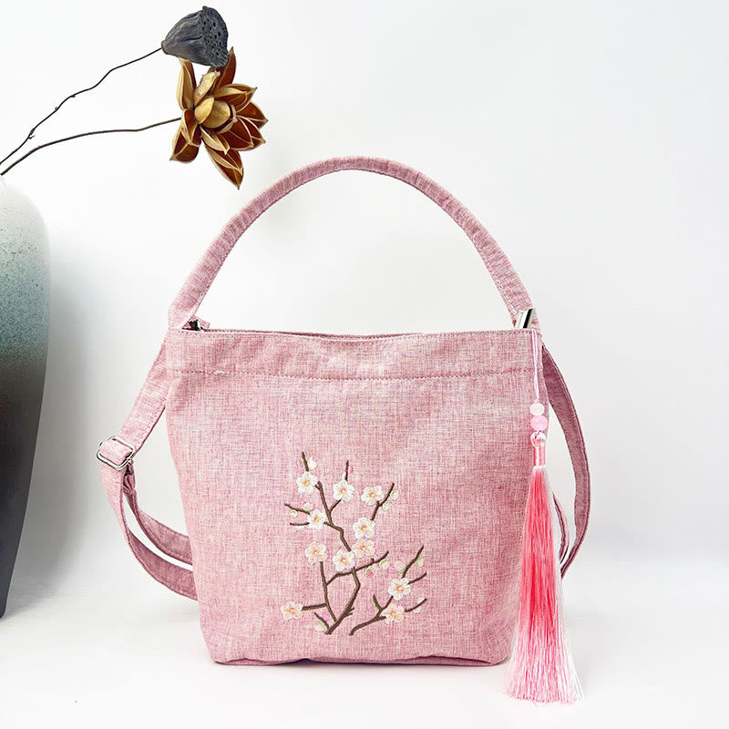 Buddha Stones Ricamo Glicine Prugna Loto Ciliegio Fiore Cotone Lino Tela Tote Borsa A Tracolla Borsa A Mano