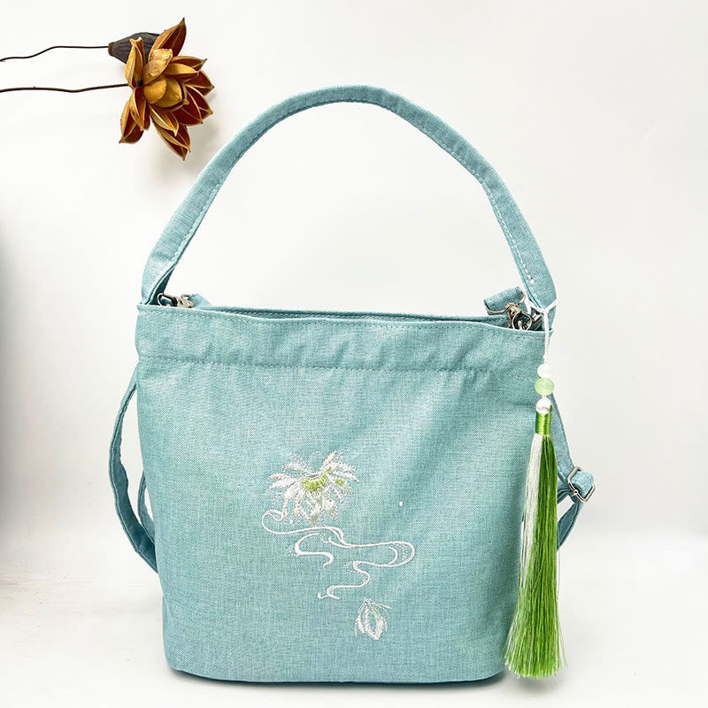 Buddha Stones Ricamo Glicine Prugna Loto Ciliegio Fiore Cotone Lino Tela Tote Borsa A Tracolla Borsa A Mano