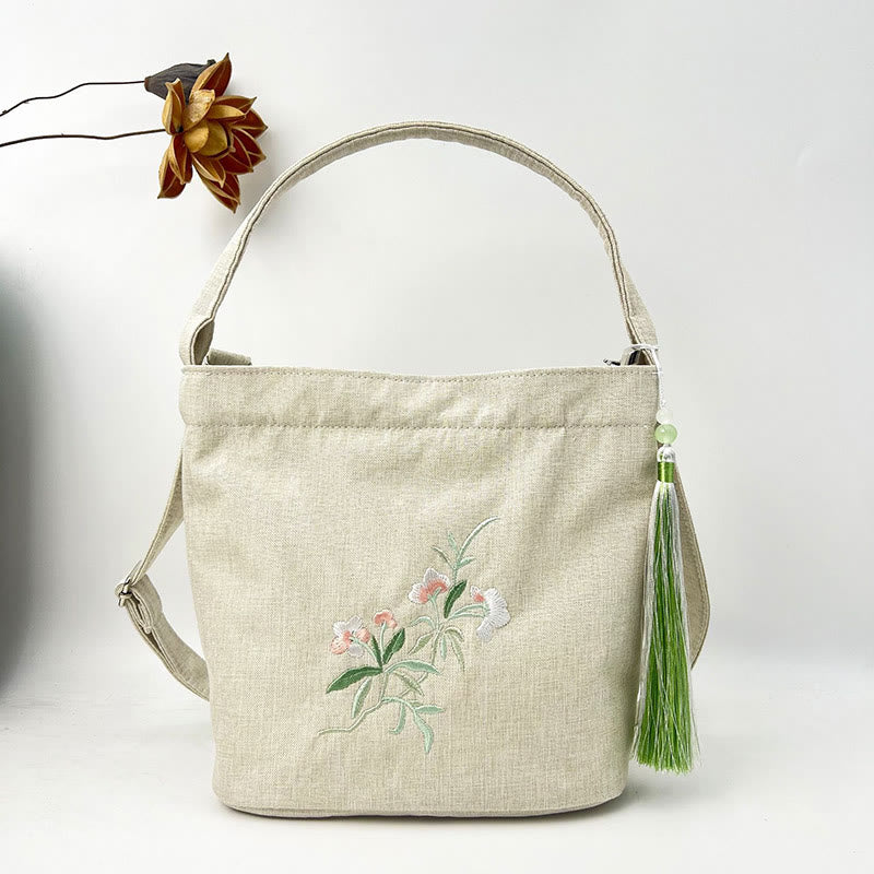 Buddha Stones Ricamo Glicine Prugna Loto Ciliegio Fiore Cotone Lino Tela Tote Borsa A Tracolla Borsa A Mano