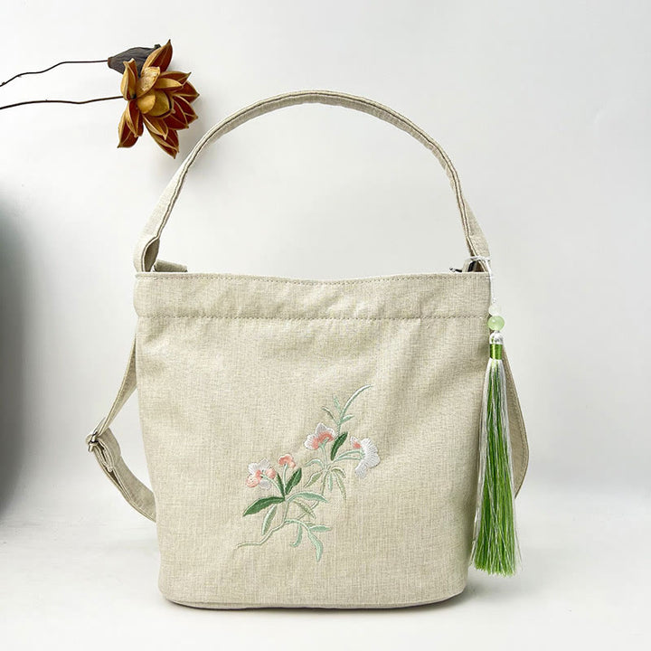 Buddha Stones Ricamo Glicine Prugna Loto Ciliegio Fiore Cotone Lino Tela Tote Borsa A Tracolla Borsa A Mano