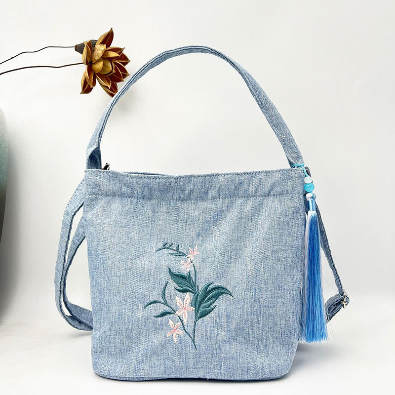 Buddha Stones Ricamo Glicine Prugna Loto Ciliegio Fiore Cotone Lino Tela Tote Borsa A Tracolla Borsa A Mano