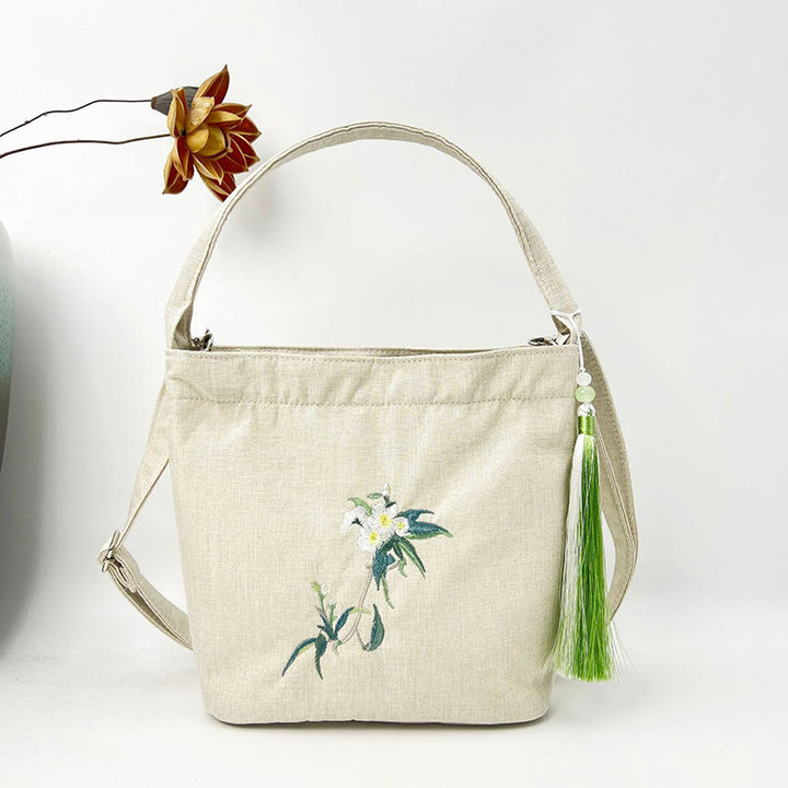Buddha Stones Ricamo Glicine Prugna Loto Ciliegio Fiore Cotone Lino Tela Tote Borsa A Tracolla Borsa A Mano
