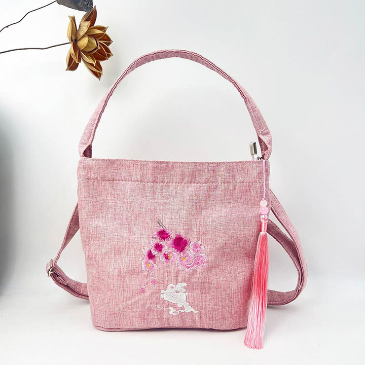 Buddha Stones Ricamo Glicine Prugna Loto Ciliegio Fiore Cotone Lino Tela Tote Borsa A Tracolla Borsa A Mano