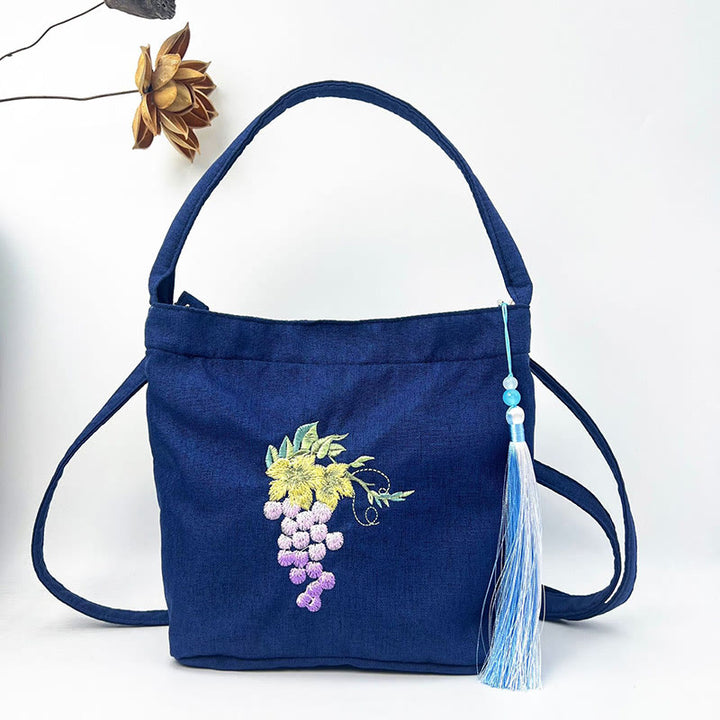 Buddha Stones Ricamo Glicine Prugna Loto Ciliegio Fiore Cotone Lino Tela Tote Borsa A Tracolla Borsa A Mano