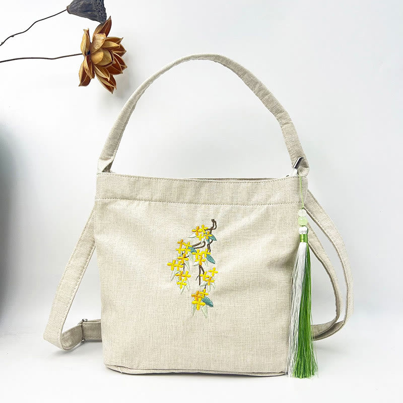Buddha Stones Ricamo Glicine Prugna Loto Ciliegio Fiore Cotone Lino Tela Tote Borsa A Tracolla Borsa A Mano