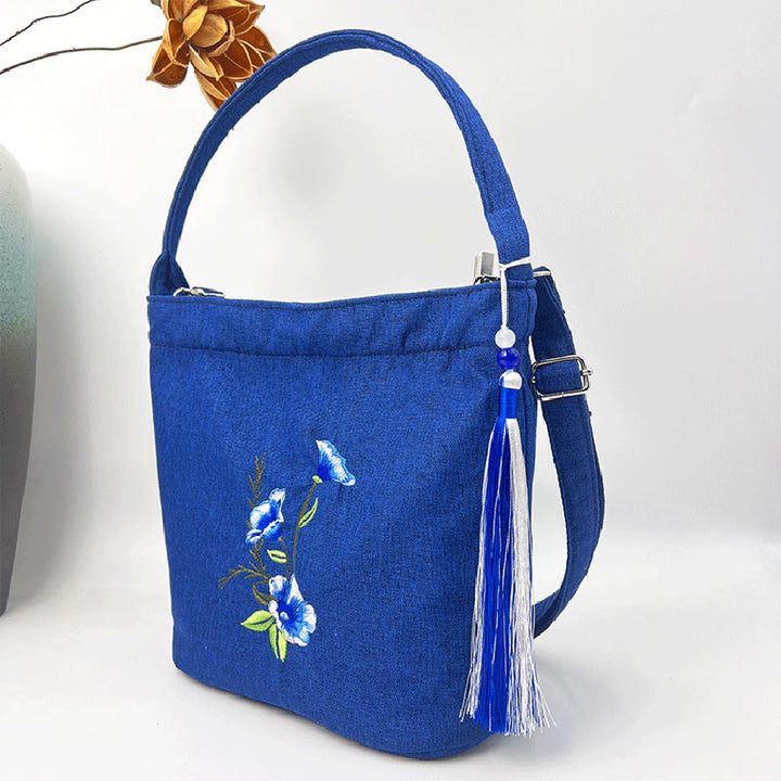 Buddha Stones Ricamo Glicine Prugna Loto Ciliegio Fiore Cotone Lino Tela Tote Borsa A Tracolla Borsa A Mano