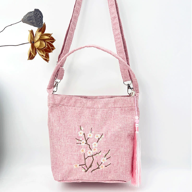 Buddha Stones Ricamo Glicine Prugna Loto Ciliegio Fiore Cotone Lino Tela Tote Borsa A Tracolla Borsa A Mano