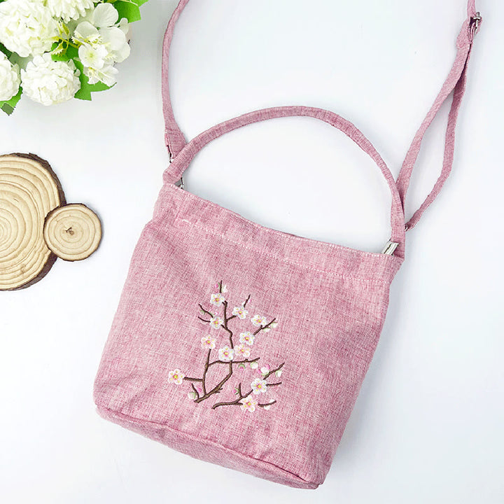 Buddha Stones Ricamo Glicine Prugna Loto Ciliegio Fiore Cotone Lino Tela Tote Borsa A Tracolla Borsa A Mano