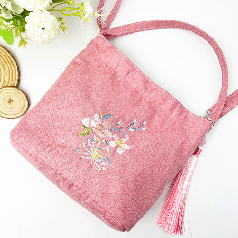 Buddha Stones Ricamo Glicine Prugna Loto Ciliegio Fiore Cotone Lino Tela Tote Borsa A Tracolla Borsa A Mano