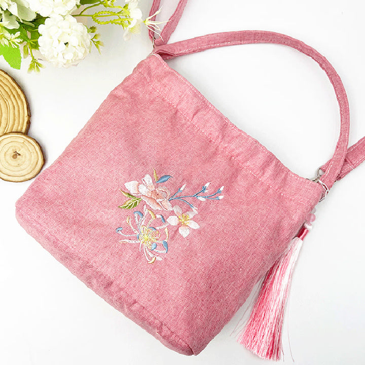 Buddha Stones Ricamo Glicine Prugna Loto Ciliegio Fiore Cotone Lino Tela Tote Borsa A Tracolla Borsa A Mano