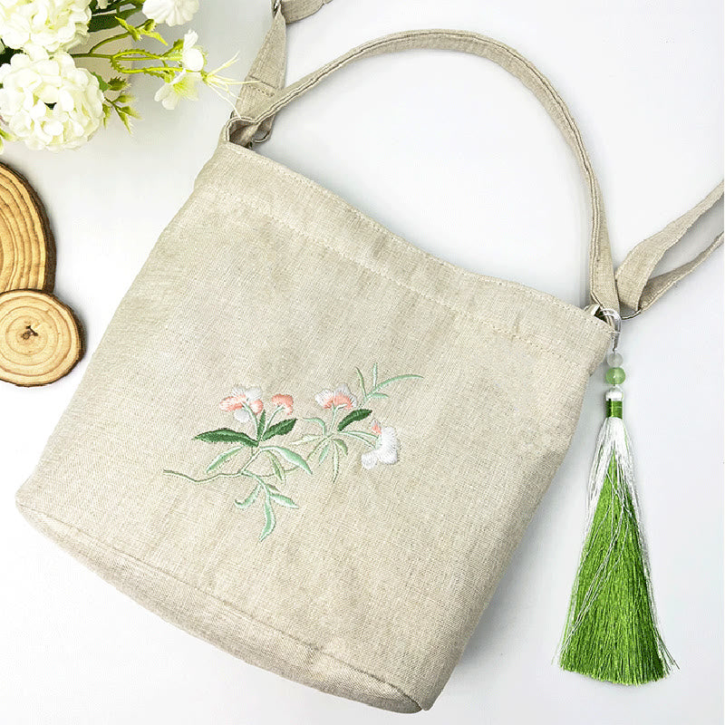 Buddha Stones Ricamo Glicine Prugna Loto Ciliegio Fiore Cotone Lino Tela Tote Borsa A Tracolla Borsa A Mano