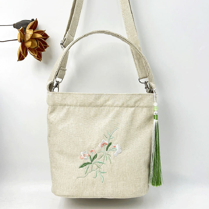 Buddha Stones Ricamo Glicine Prugna Loto Ciliegio Fiore Cotone Lino Tela Tote Borsa A Tracolla Borsa A Mano