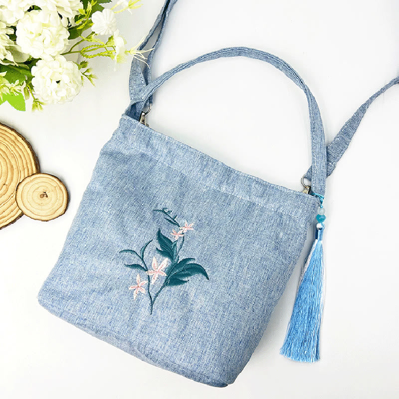 Buddha Stones Ricamo Glicine Prugna Loto Ciliegio Fiore Cotone Lino Tela Tote Borsa A Tracolla Borsa A Mano