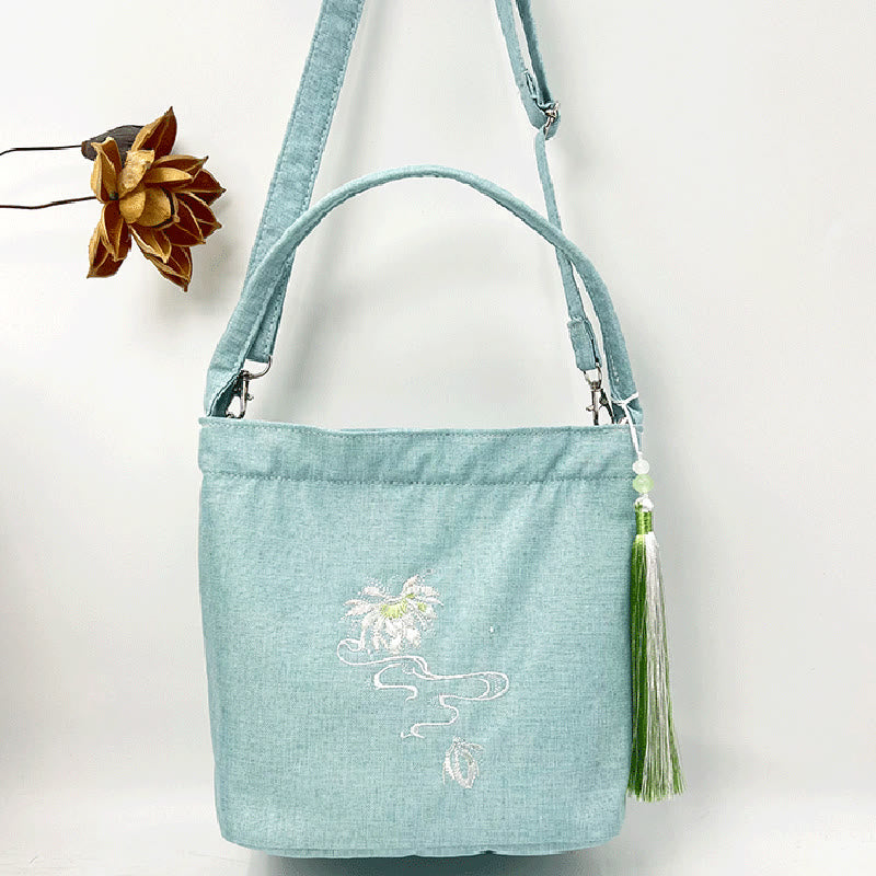 Buddha Stones Ricamo Glicine Prugna Loto Ciliegio Fiore Cotone Lino Tela Tote Borsa A Tracolla Borsa A Mano