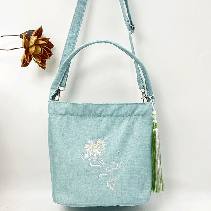 Buddha Stones Ricamo Glicine Prugna Loto Ciliegio Fiore Cotone Lino Tela Tote Borsa A Tracolla Borsa A Mano