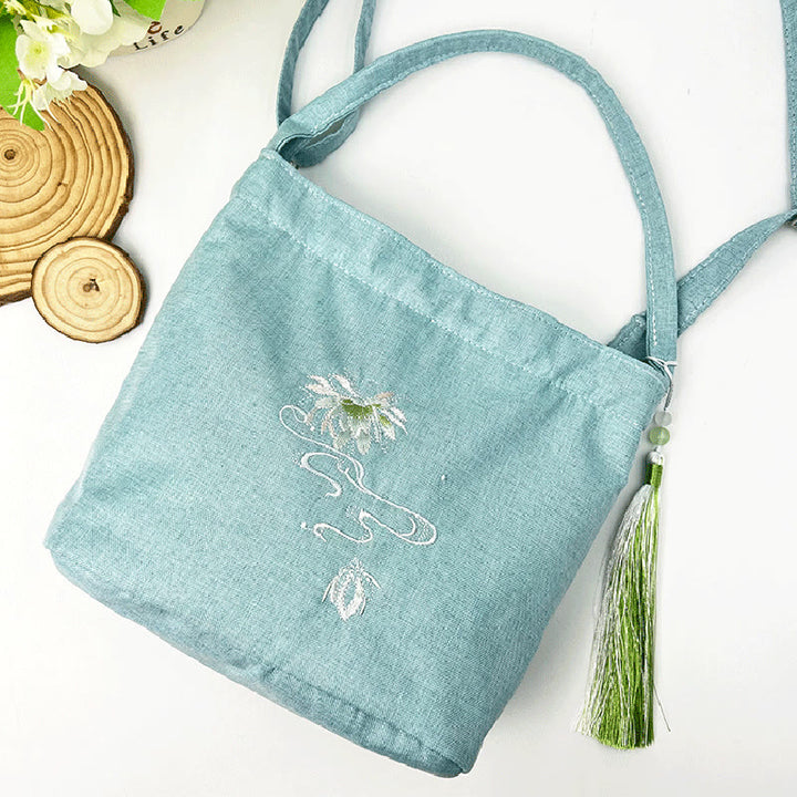 Buddha Stones Ricamo Glicine Prugna Loto Ciliegio Fiore Cotone Lino Tela Tote Borsa A Tracolla Borsa A Mano