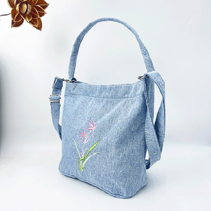 Buddha Stones Ricamo Glicine Prugna Loto Ciliegio Fiore Cotone Lino Tela Tote Borsa A Tracolla Borsa A Mano