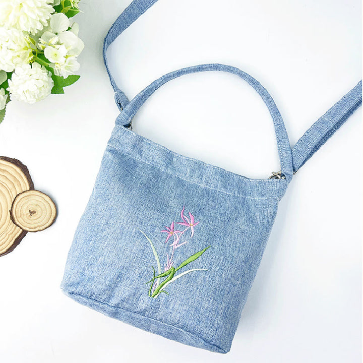 Buddha Stones Ricamo Glicine Prugna Loto Ciliegio Fiore Cotone Lino Tela Tote Borsa A Tracolla Borsa A Mano