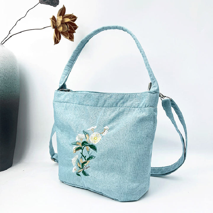 Buddha Stones Ricamo Glicine Prugna Loto Ciliegio Fiore Cotone Lino Tela Tote Borsa A Tracolla Borsa A Mano