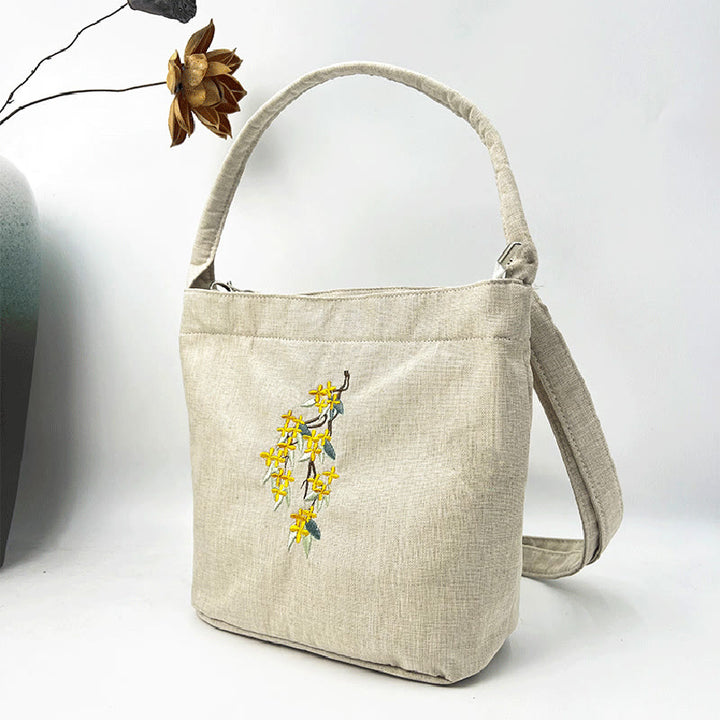 Buddha Stones Ricamo Glicine Prugna Loto Ciliegio Fiore Cotone Lino Tela Tote Borsa A Tracolla Borsa A Mano