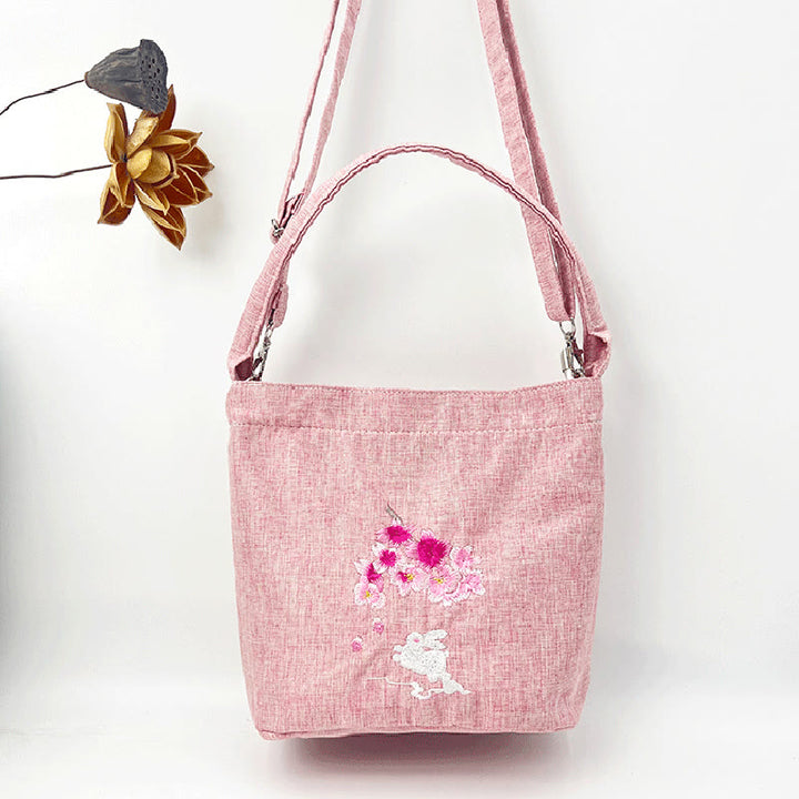 Buddha Stones Ricamo Glicine Prugna Loto Ciliegio Fiore Cotone Lino Tela Tote Borsa A Tracolla Borsa A Mano