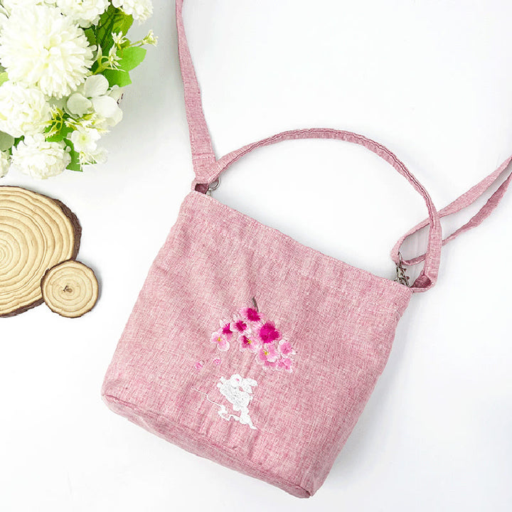 Buddha Stones Ricamo Glicine Prugna Loto Ciliegio Fiore Cotone Lino Tela Tote Borsa A Tracolla Borsa A Mano