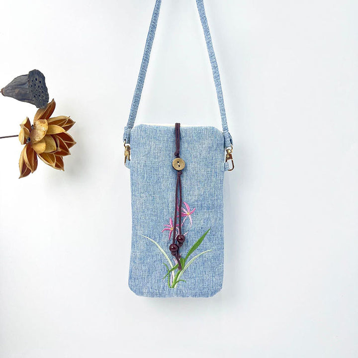 Borsa a tracolla con piccoli fiori ricamati Buddha Stones Borsa a tracolla Borsa per cellulare 11*20cm