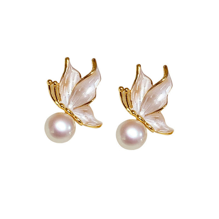 Orecchini a bottone con perle di perle naturali placcate in oro e argento sterling 925 con pietre Buddha Stones , farfalla e saggezza