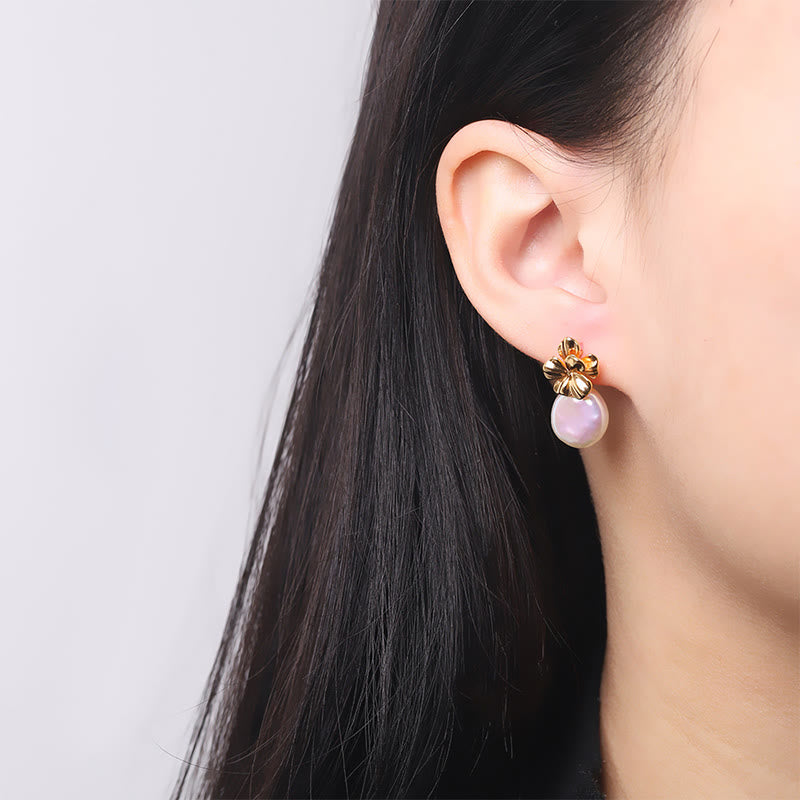 Orecchini pendenti con perle barocche naturali in argento sterling 925, motivo a forma di fiore, Buddha Stones