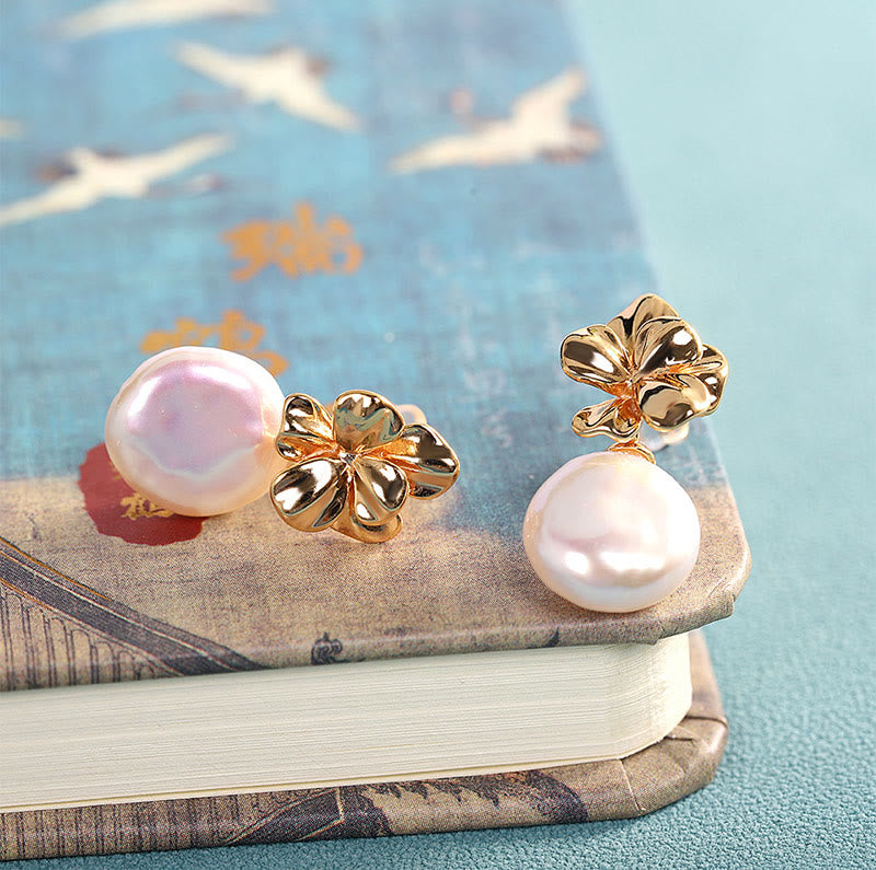 Orecchini pendenti con perle barocche naturali in argento sterling 925, motivo a forma di fiore, Buddha Stones - image 1