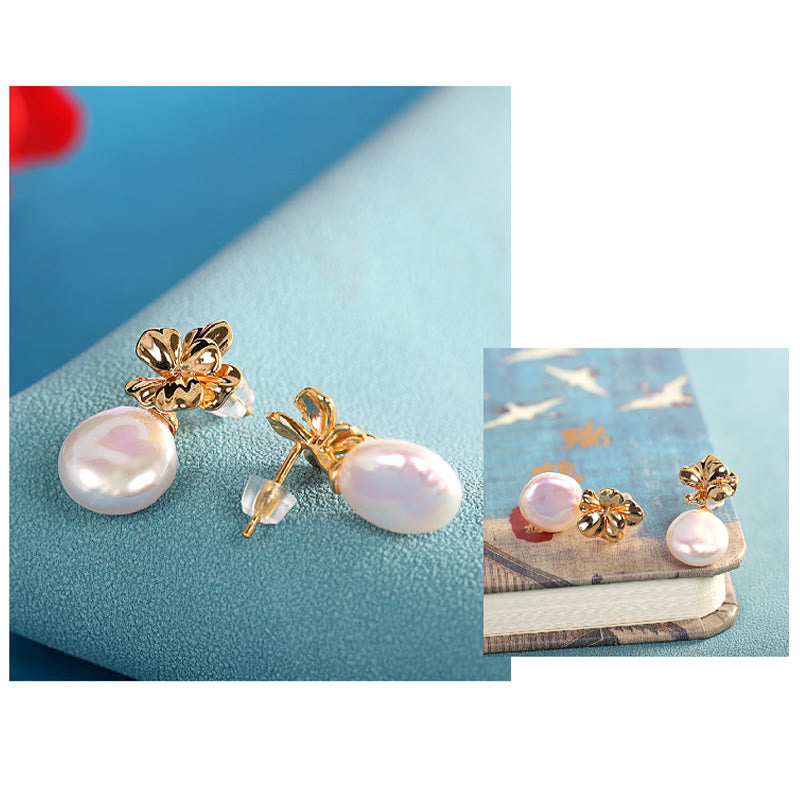 Orecchini pendenti con perle barocche naturali in argento sterling 925, motivo a forma di fiore, Buddha Stones