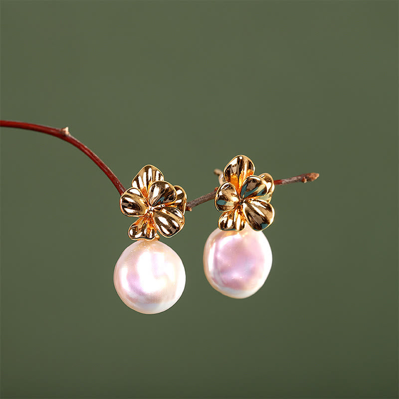 Orecchini pendenti con perle barocche naturali in argento sterling 925, motivo a forma di fiore, Buddha Stones