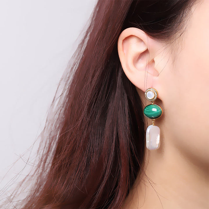 Orecchini pendenti Buddha Stones in argento sterling 925 con perle barocche naturali e malachite, saggezza curativa