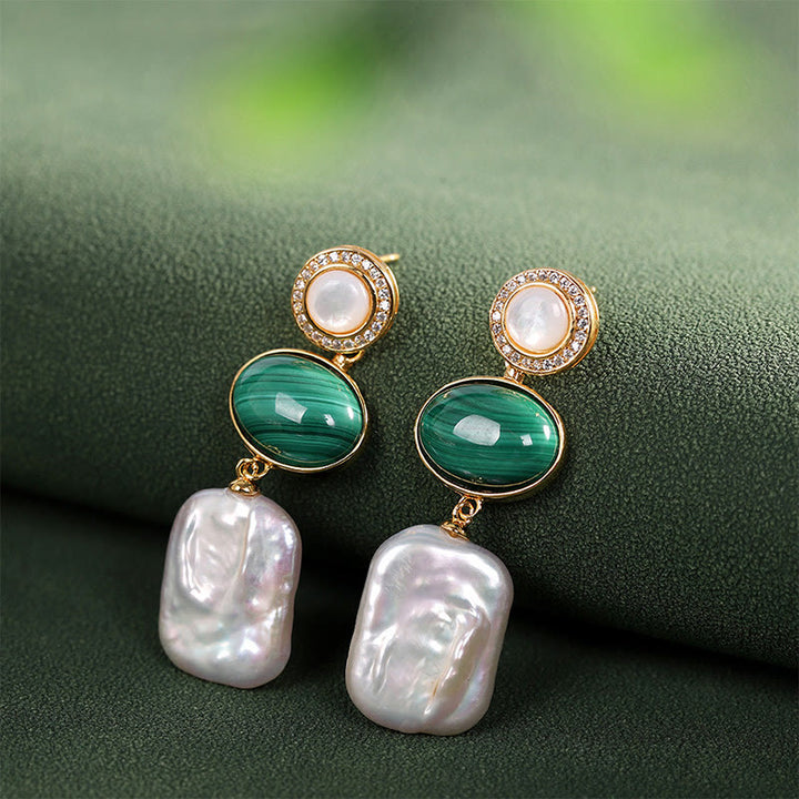 Orecchini pendenti Buddha Stones in argento sterling 925 con perle barocche naturali e malachite, saggezza curativa