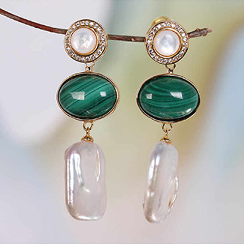 Orecchini pendenti Buddha Stones in argento sterling 925 con perle barocche naturali e malachite, saggezza curativa